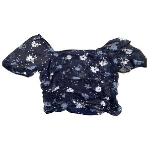 Express Women's Large Navy‎ Floral Ruched Bodice Semi Sheer Puff Sleeve Cottage